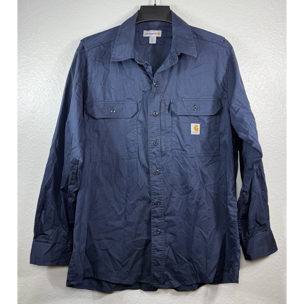 Men's navy blue long-sleeve Carhartt button-down work shirt Size L